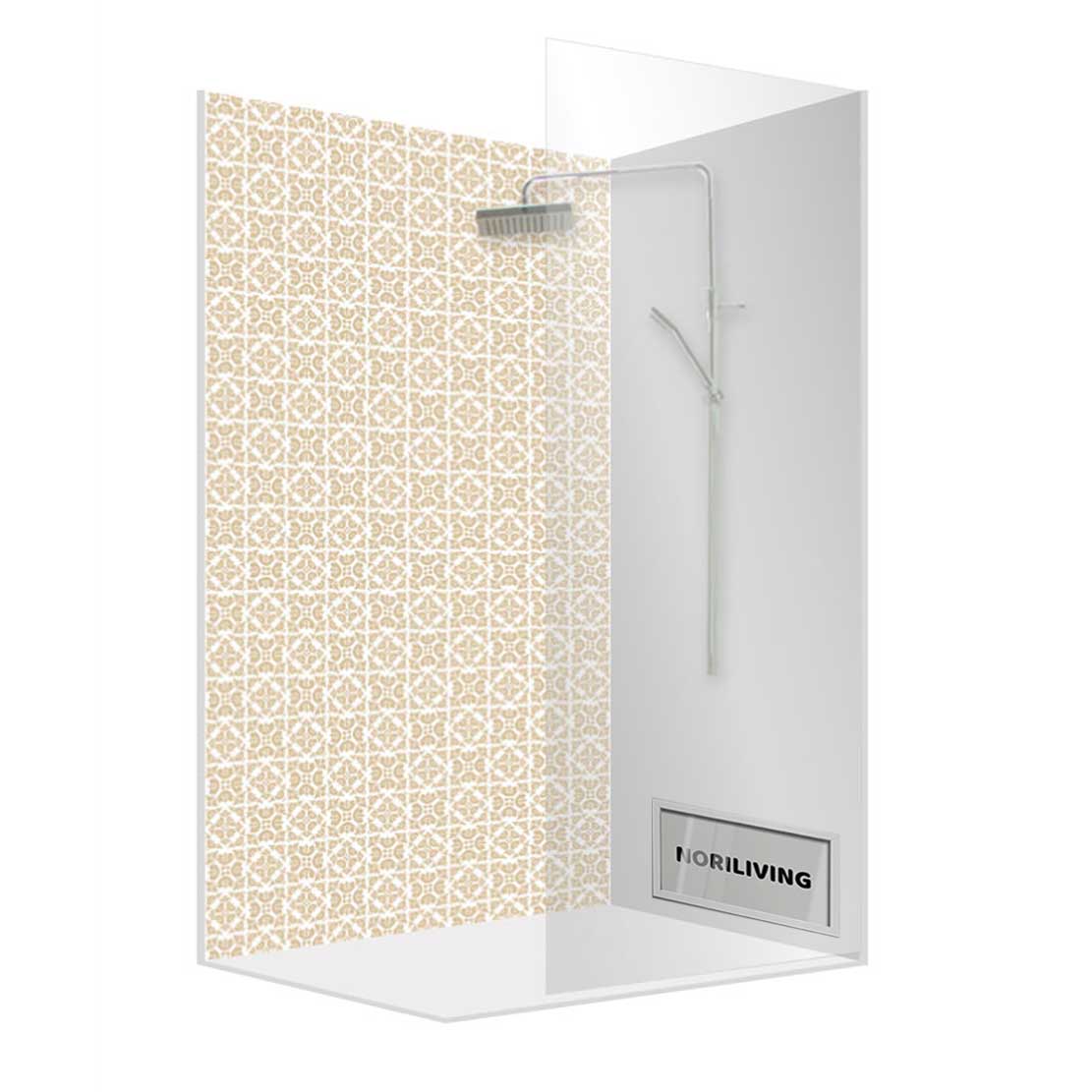 Duschabtrennung mit stilvollem Fliesenmuster und Markenlogo von Noriliving