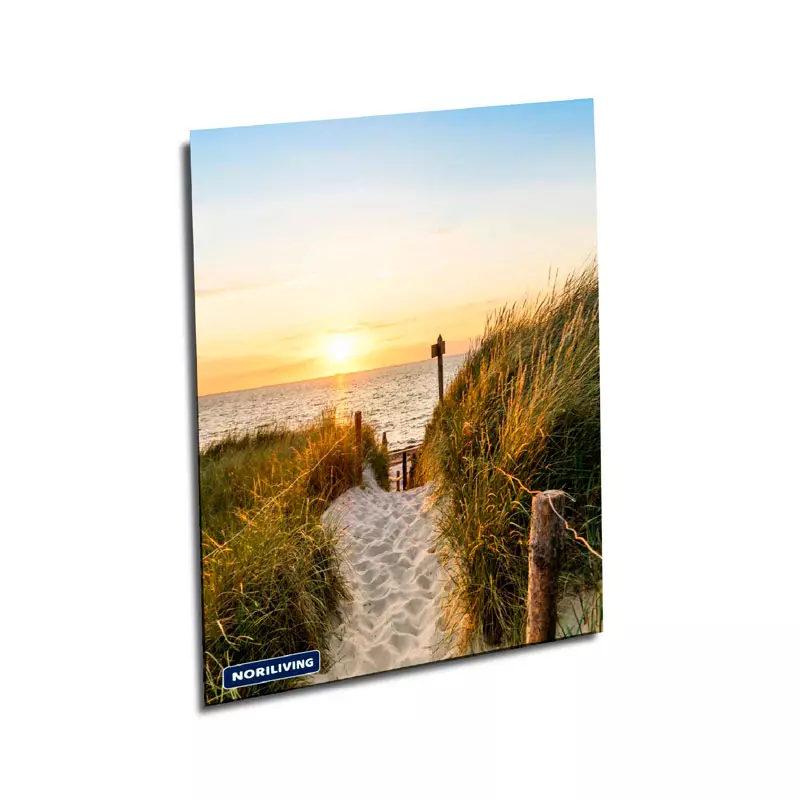 Sandweg durch Dünen führt zum Meer bei Sonnenuntergang