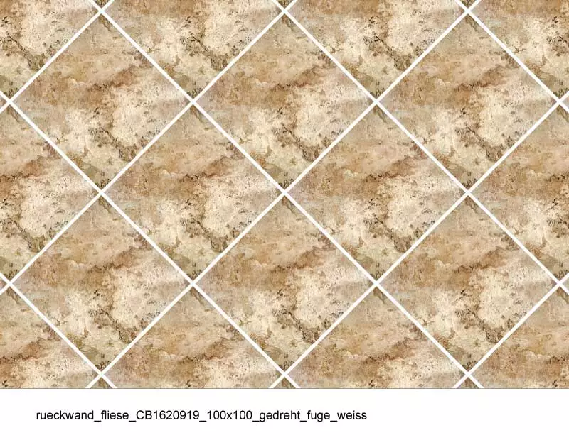 Nahaufnahme von diagonal angeordneten Keramikfliesen in Beige- und Brauntönen, verbunden durch weiße Fugen