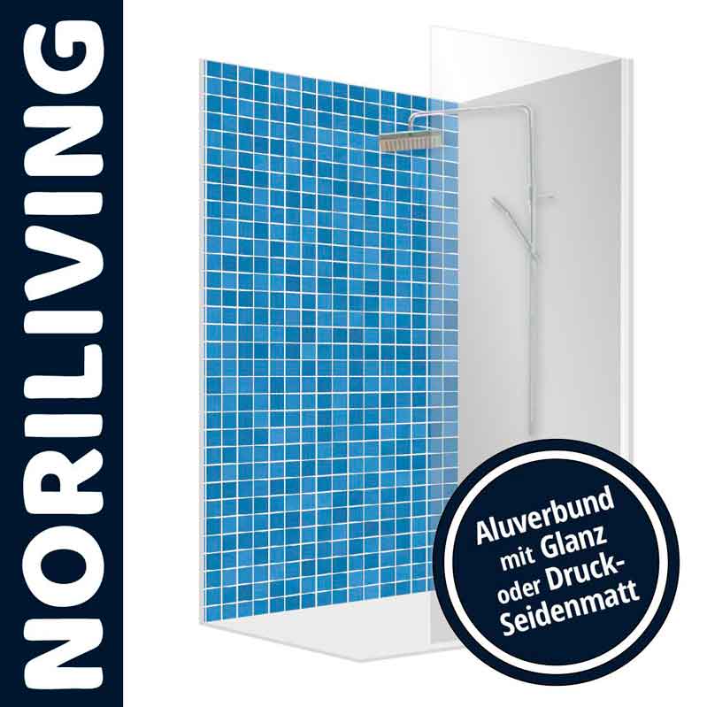 Duschwand mit blauem Mosaikmuster und wählbarer Oberfläche aus Glanz oder Druck-Seidenmatt von Noriliving