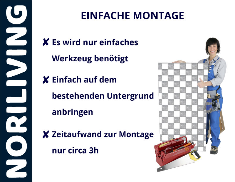 Person neben Noriliving Produkt mit Montageanleitung: Einfaches Werkzeug, schnelle Anbringung, ca. 3 Stunden Aufwand.