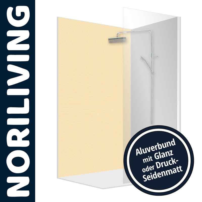 Illustration einer NoriLiving Dusche mit Glanz oder Druck-Seidenmatt Oberfläche aus Aluverbund