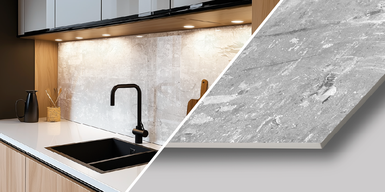 Küchenarbeitsplatte mit grauer Steinrückwand