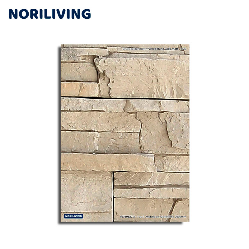 Nahaufnahme von dekorativer Steinoptik-Tapete, die eine realistische Mauerstruktur von Noriliving zeigt