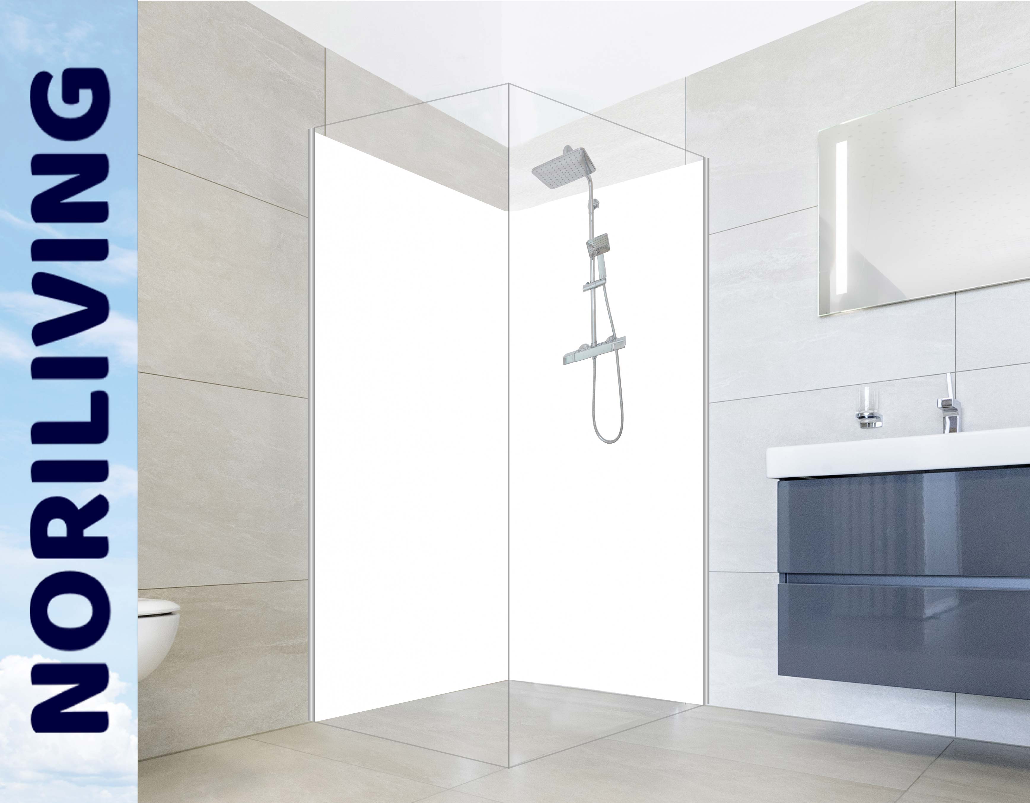 Elegante, minimalistische Duschkabine mit Regendusche und grauen Fliesen in einem Badezimmer