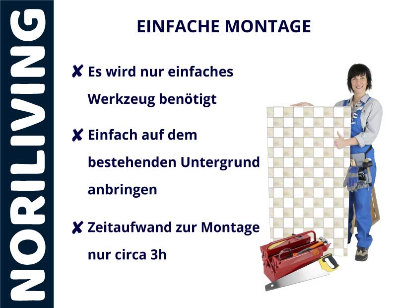 Werbung für NORILIVING mit einfacher Montageanleitung und Werkzeugabbildung