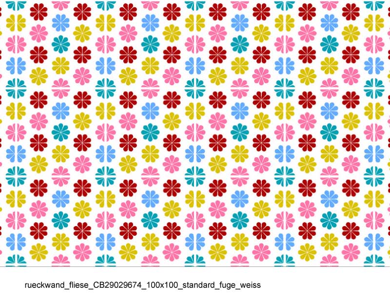 Nahaufnahme von dekorativen Rückwandfliesen mit buntem Blumenmuster und weißen Fugen, geeignet für Küchen oder Bäder.