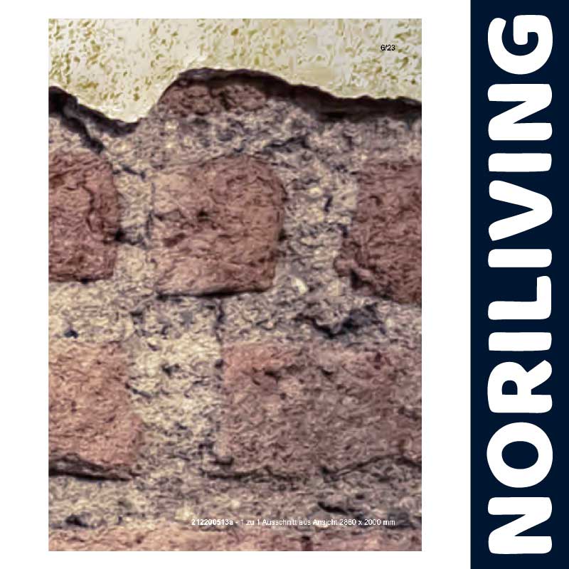 Nahaufnahme einer alten Backsteinmauer mit deutlichen Abnutzungsspuren, typisch für rustikales Design und Vintage-Ästhetik, von Noriliving präsentiert.