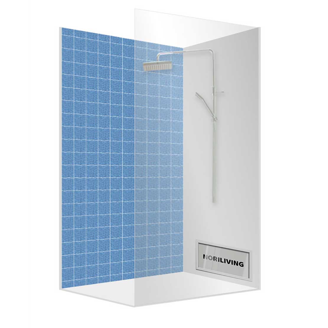 Duschkabine mit blauen Fliesen und Regendusche, geeignet für moderne Badezimmer