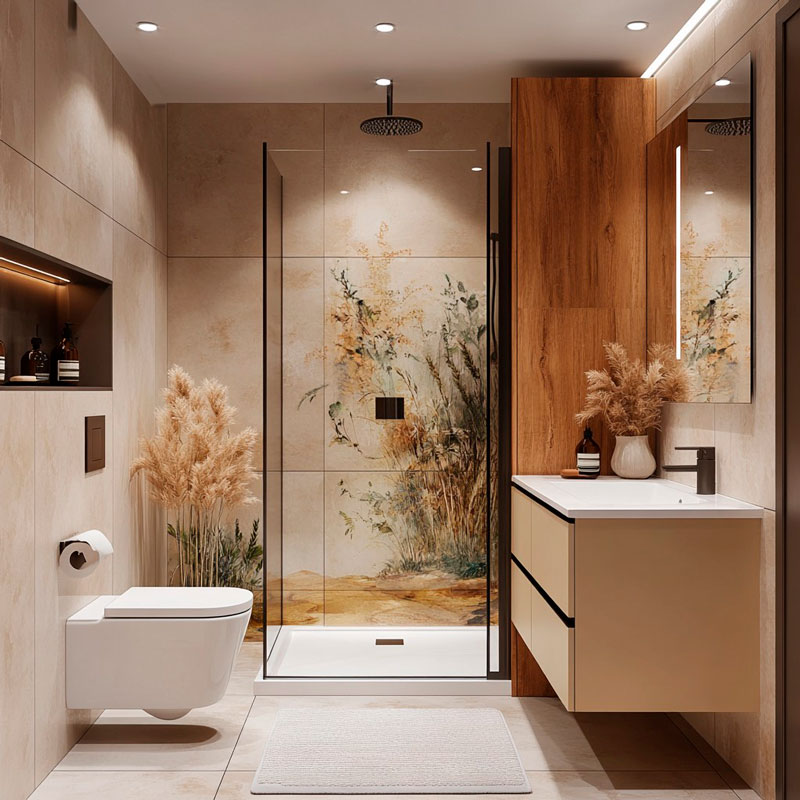 Stilvolles Badezimmer mit Glasdusche, Holzelementen und Naturdekorationen