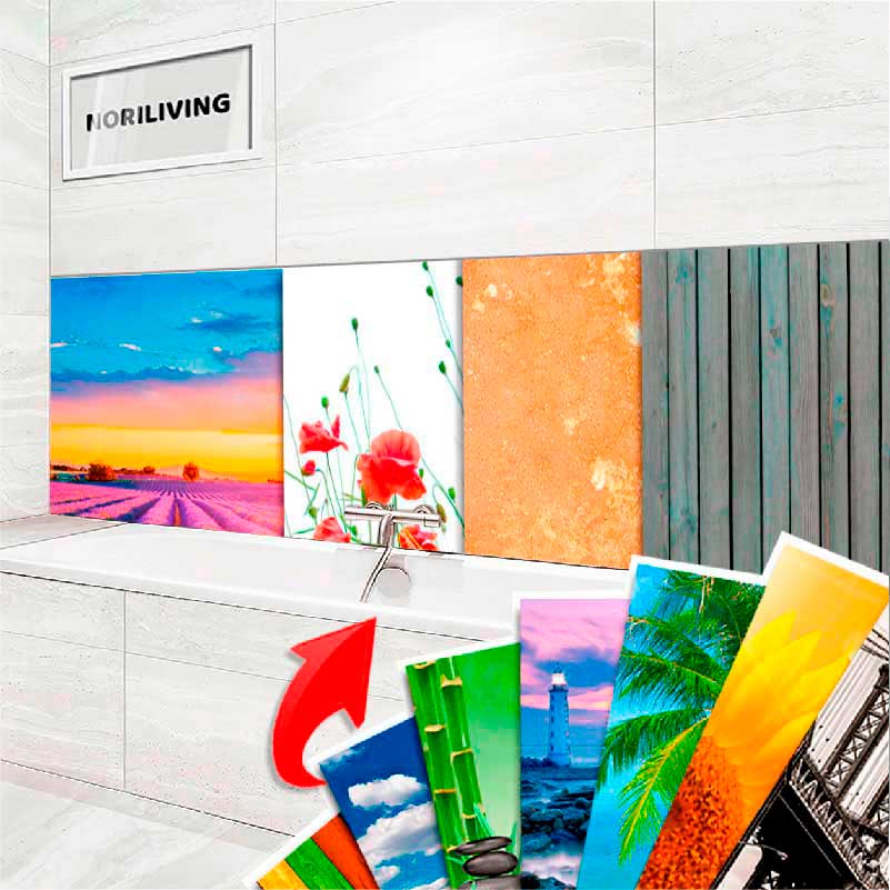 Bad mit farbenfrohen, austauschbaren Wandpaneelen und variierenden Designs