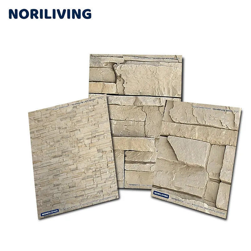 Drei Muster von Steinoptik-Wandverkleidungen der Marke Noriliving