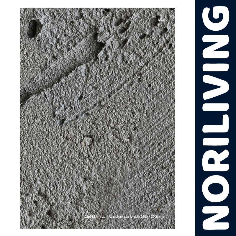 Texturierte graue Betonoberfläche mit erkennbaren Riefen und Vertiefungen. Seitlich der Schriftzug 'Noriliving'.