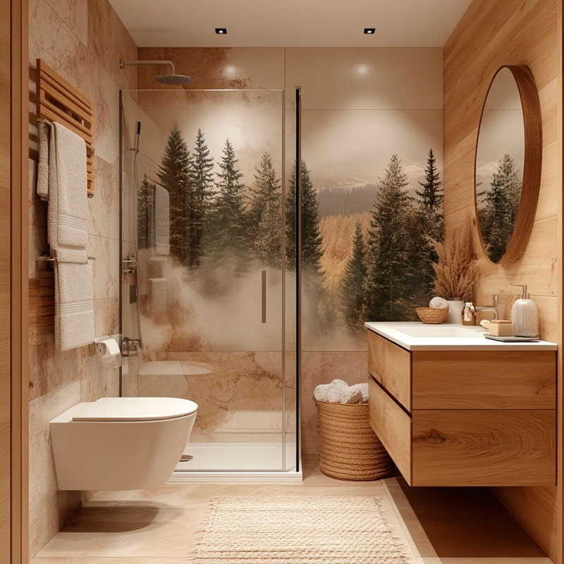 Ein stilvolles Badezimmer mit Dusche, Wandbild eines Waldes, Holzverkleidung und modernen Armaturen