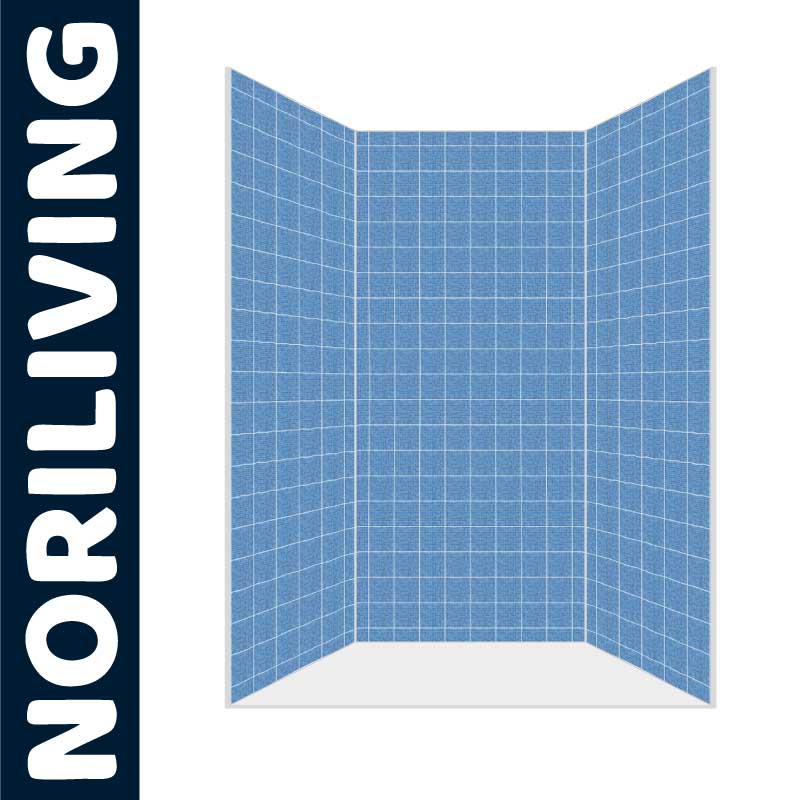 Blaue Duschwandverkleidung mit geometrischem Kachelmuster, NORILIVING-Design