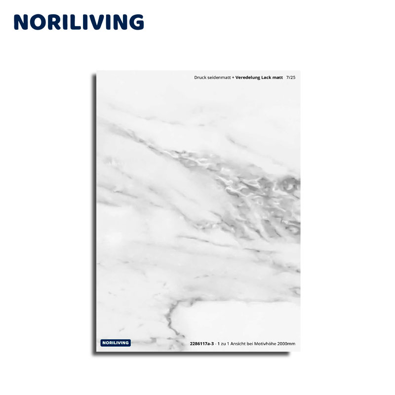 Matte Marmoroptik-Druckplatte von Noriliving mit Produktdetails und Logo